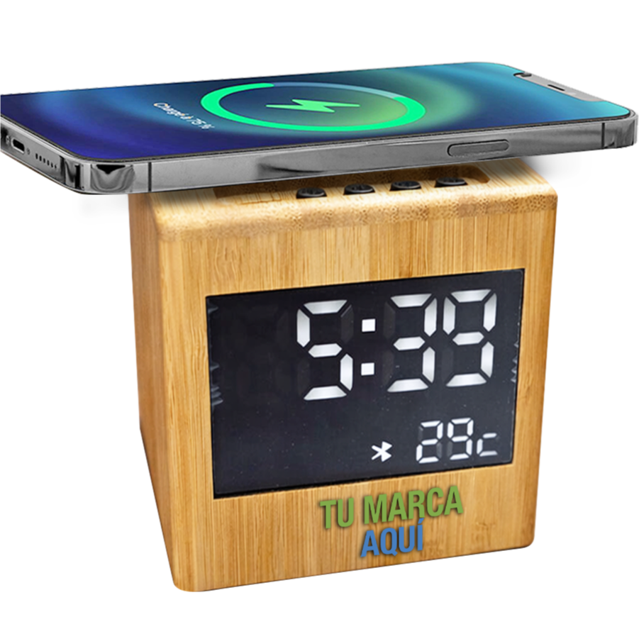 Altavoz bluetooth de bambú con cargador inalámbrico