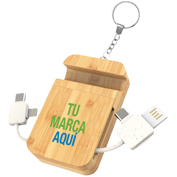 Llavero de bambú con cable de carga