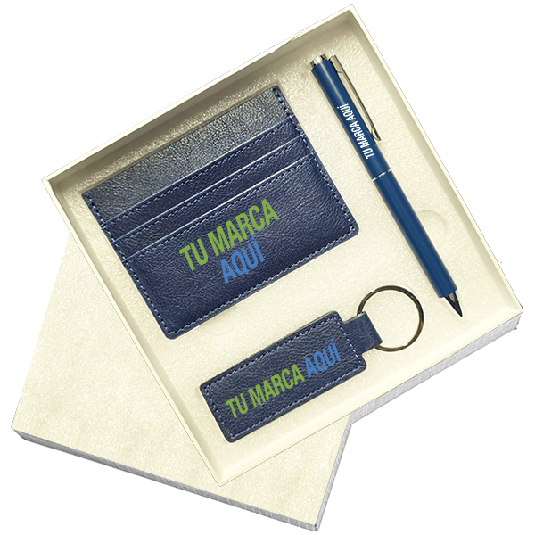 Caja de regalo: bolígrafo + porta tarjetas + llavero