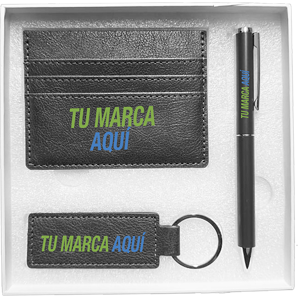 Caja de regalo: bolígrafo + porta tarjetas + llavero