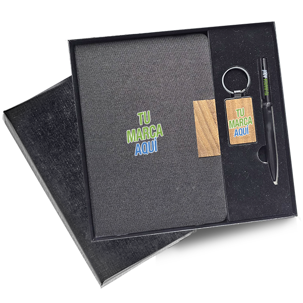 Libreta con detalles en nogal, llavero y bolígrafo
