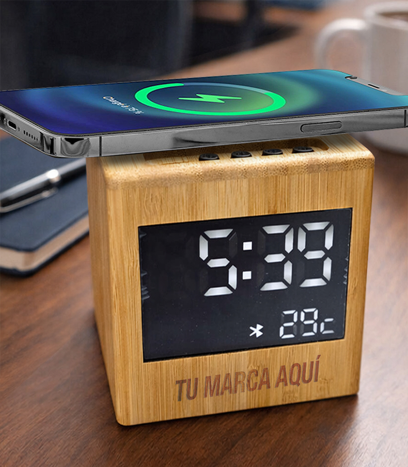 Altavoz bluetooth de bambú con cargador inalámbrico