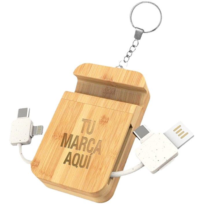 Llavero de bambú con cable de carga