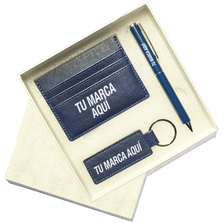 Caja de regalo: bolígrafo + porta tarjetas + llavero