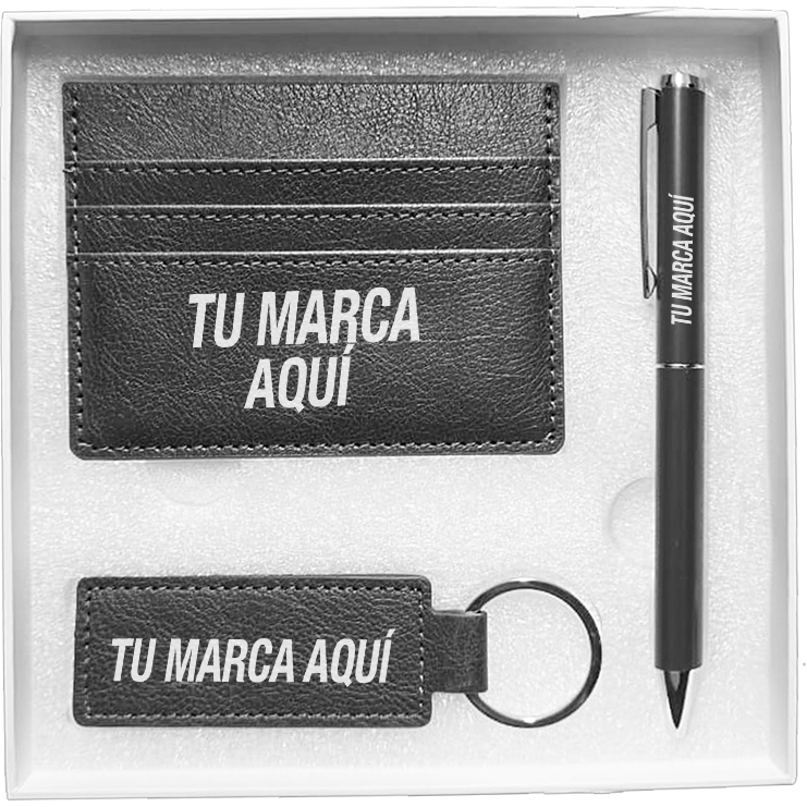 Caja de regalo: bolígrafo + porta tarjetas + llavero